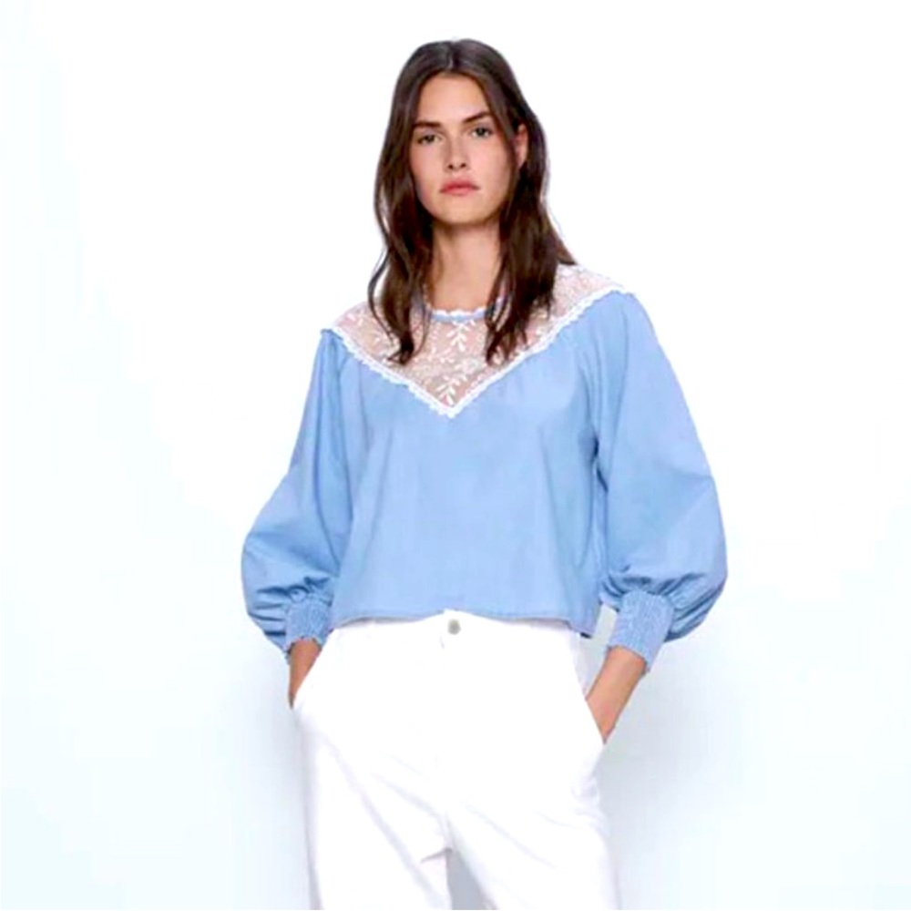 Zara Oversized Embroidered Denim Shirt Blouse Size Medium A7